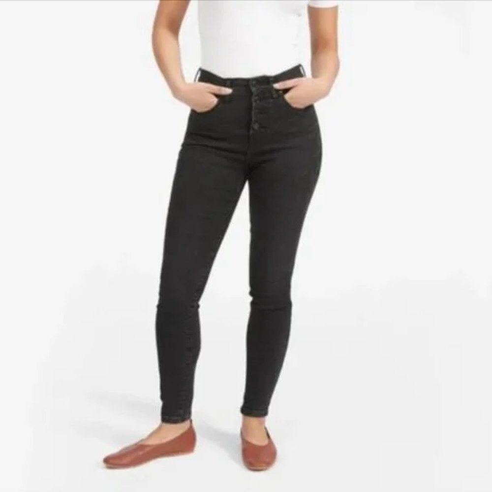 Everlane High-Rise Skinny Button Fly Ankle Jeans Size 35 Washed Out Black Gray